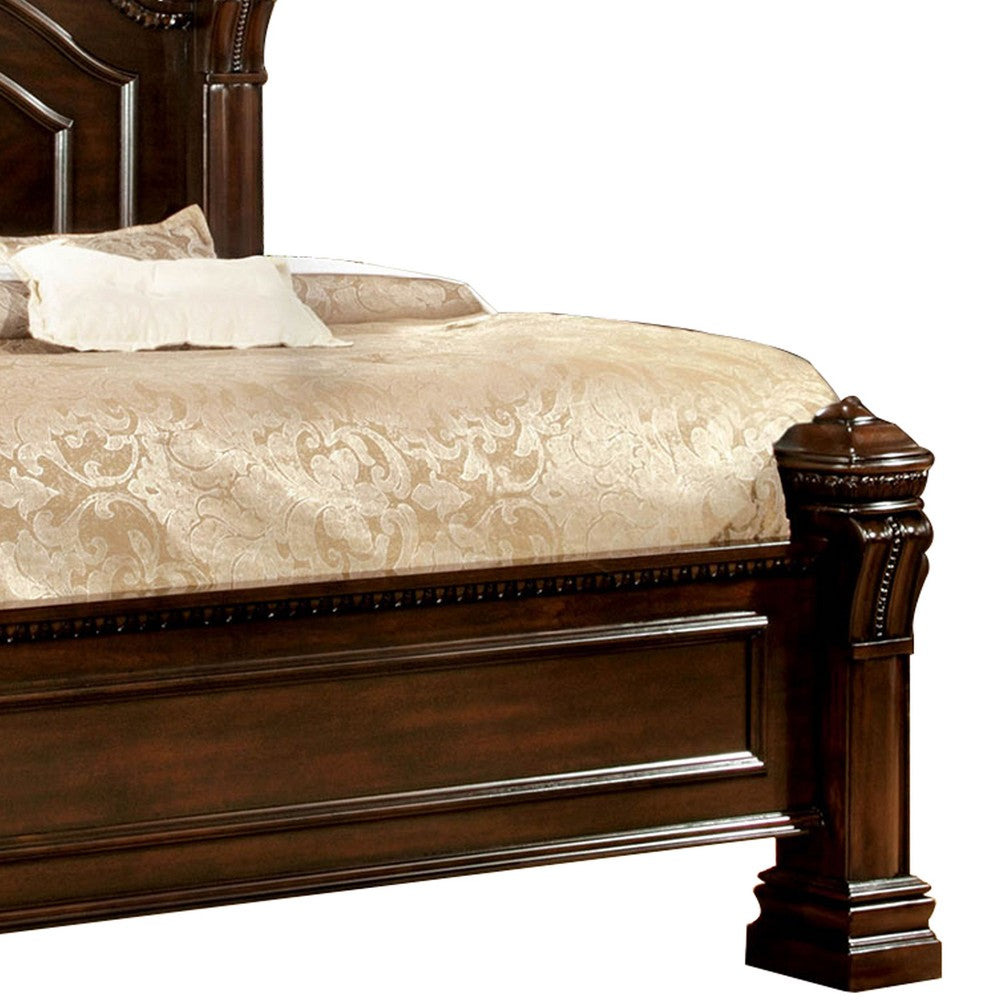 Wooden Queen Size Bed with Intricate Trimmed Headboard, Brown - BM207647