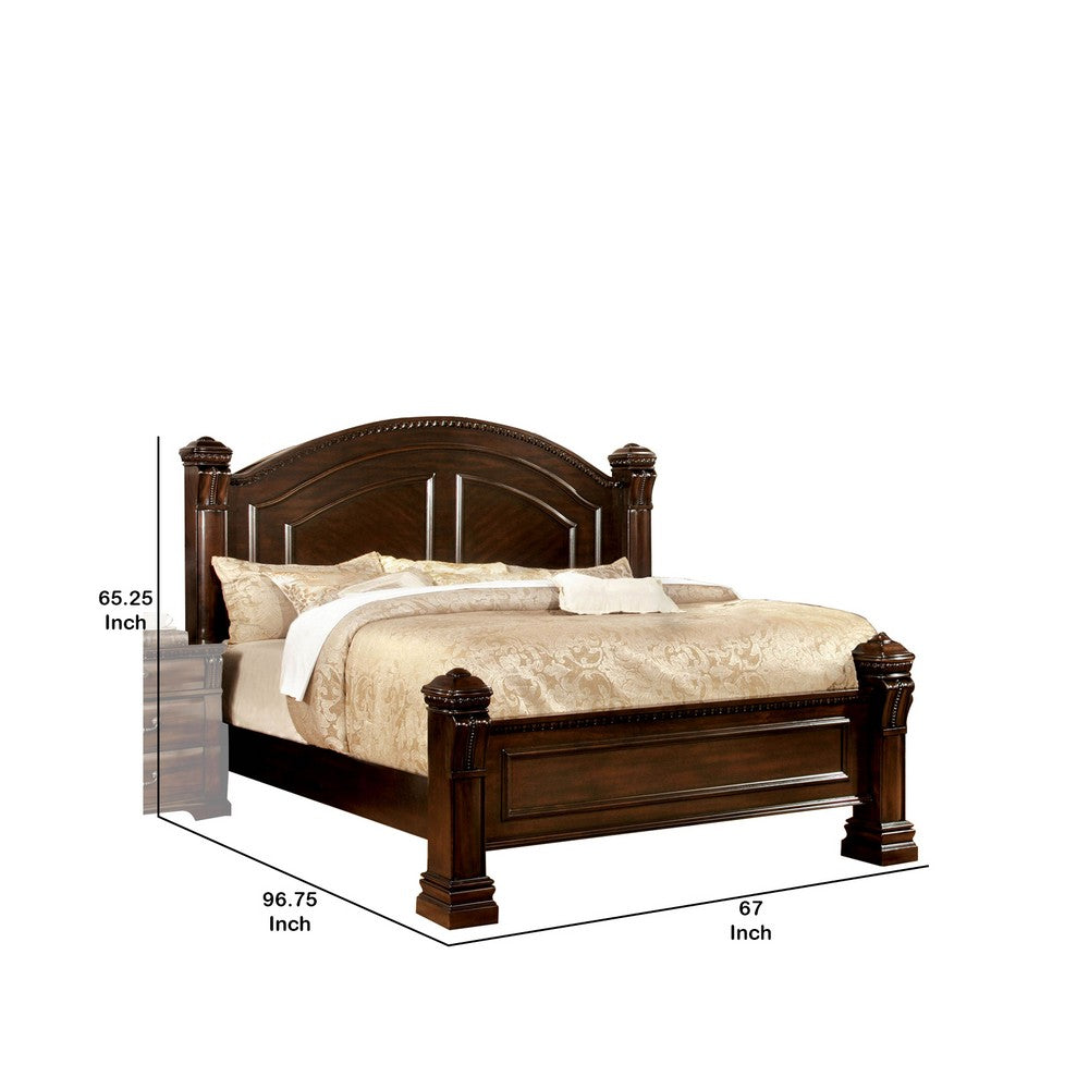 Wooden Queen Size Bed with Intricate Trimmed Headboard, Brown - BM207647