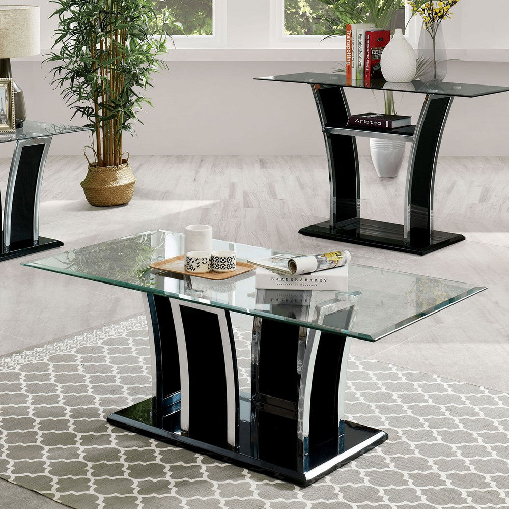 Contemporary Coffee Table with Chrome Trimmed Flared Base, Black - BM207884