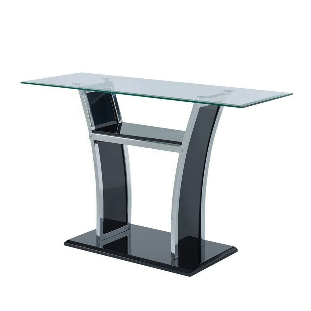 Sofa Table with Chrome Trimmed Curved Sides and Open Bottom Shelf, Black - BM207899