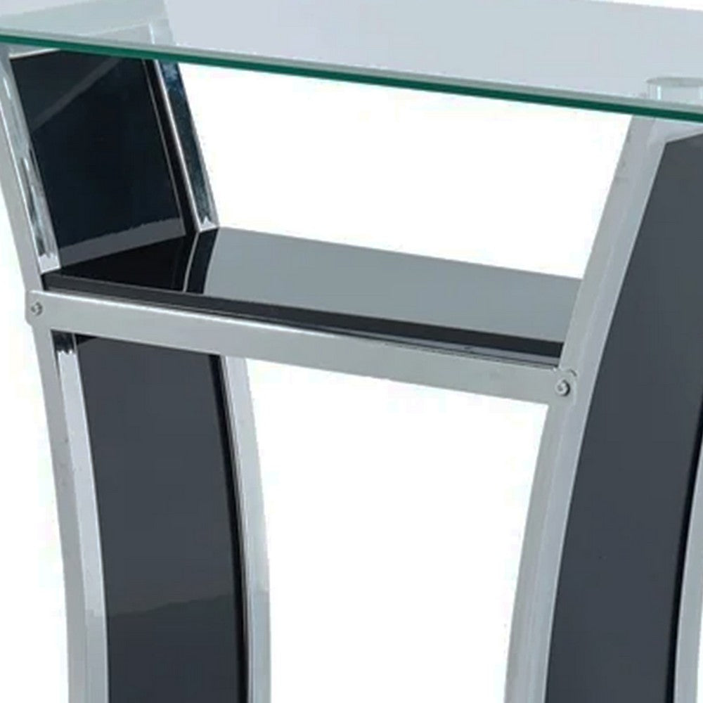 Sofa Table with Chrome Trimmed Curved Sides and Open Bottom Shelf, Black - BM207899