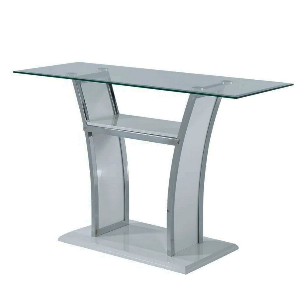 Sofa Table with Chrome Trimmed Curved Sides and Open Bottom Shelf, White - BM207900