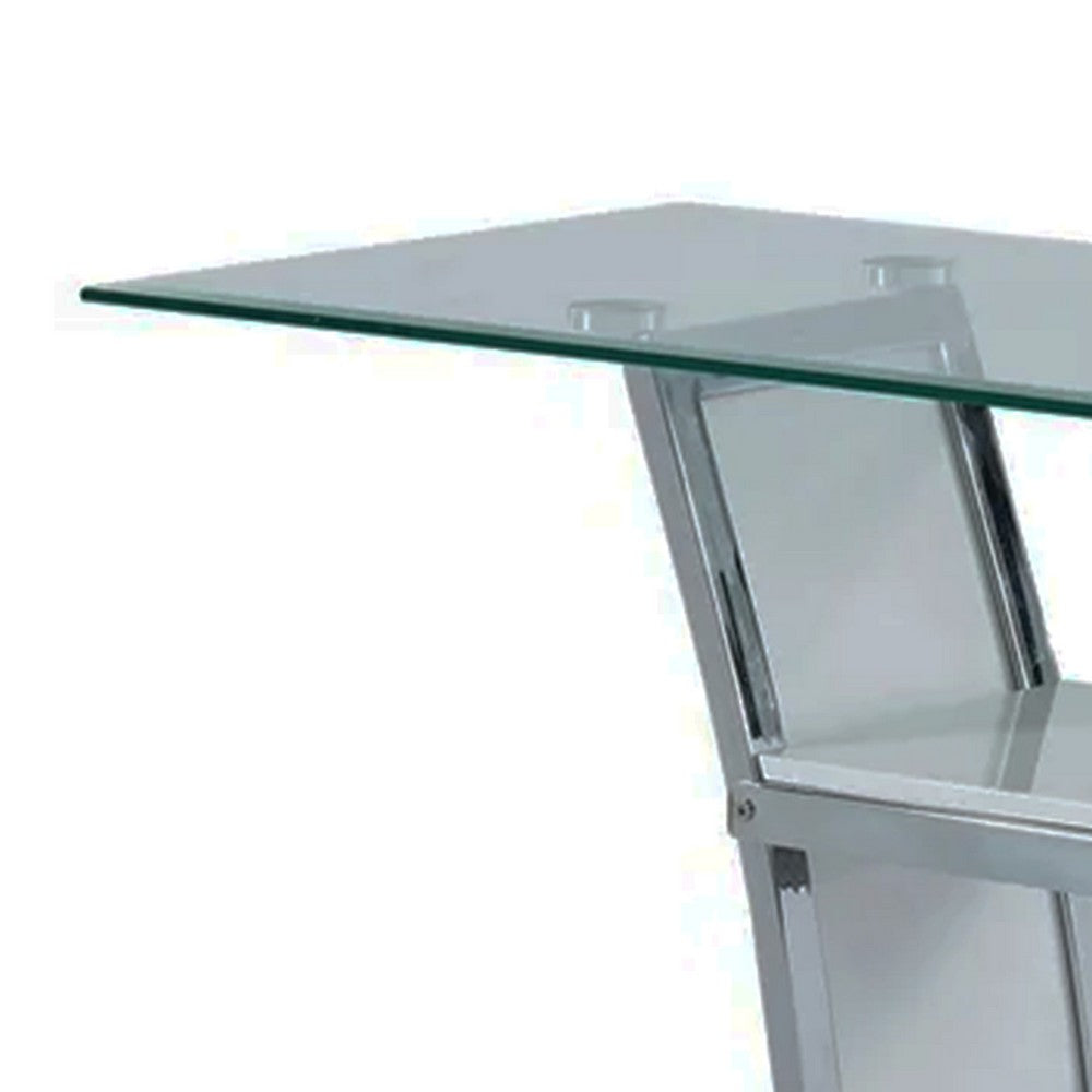 Sofa Table with Chrome Trimmed Curved Sides and Open Bottom Shelf, White - BM207900