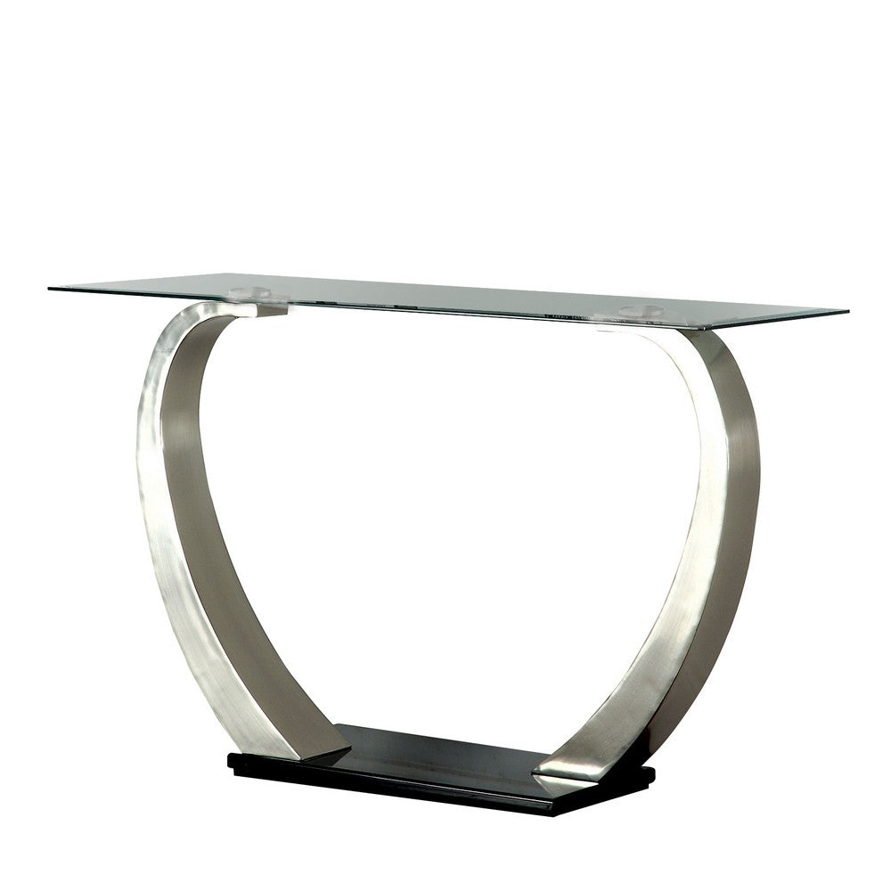 Rectangular Glass Top Sofa Table with Curved Pedestal Base, Black and Gray - BM207904