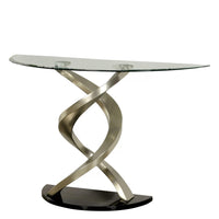 Sofa Table with Twisted Metal Base and Semi Circular Glass Top, Silver - BM207905