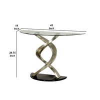 Sofa Table with Twisted Metal Base and Semi Circular Glass Top, Silver - BM207905
