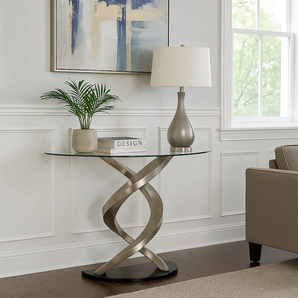 Sofa Table with Twisted Metal Base and Semi Circular Glass Top, Silver - BM207905