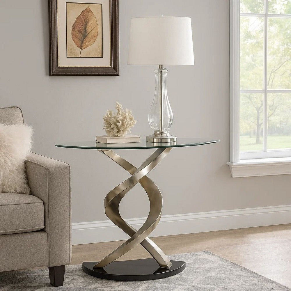 Sofa Table with Twisted Metal Base and Semi Circular Glass Top, Silver - BM207905