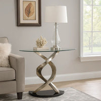 Sofa Table with Twisted Metal Base and Semi Circular Glass Top, Silver - BM207905