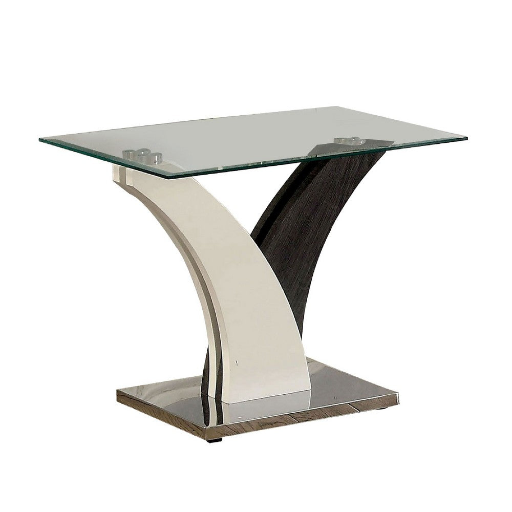 Modern Two Tone Flared Base End Table with Glass Top, White and Gray - BM207918