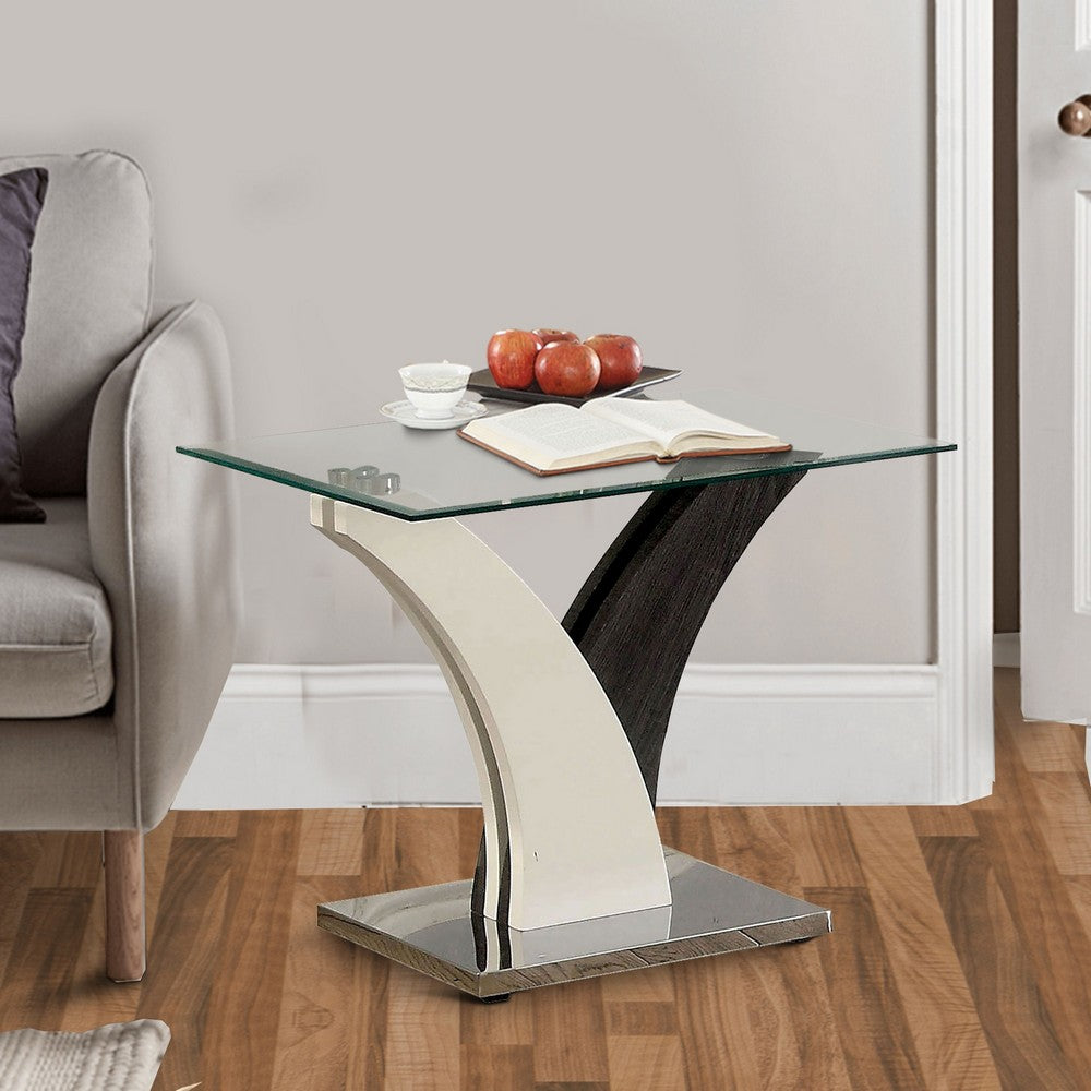 Modern Two Tone Flared Base End Table with Glass Top, White and Gray - BM207918