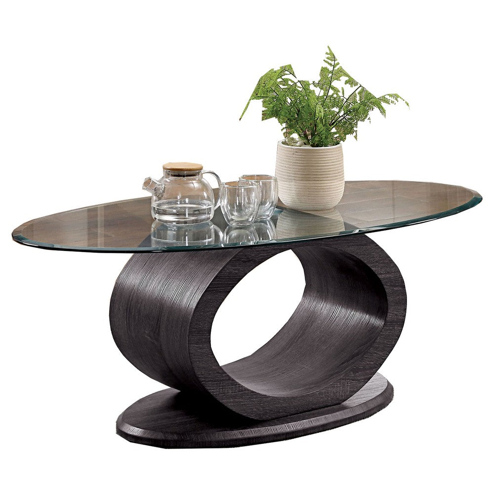 Tempered Glass Top Coffee Table with O Shape Wooden Shape Base, Gray - BM207919