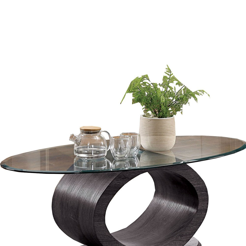 Tempered Glass Top Coffee Table with O Shape Wooden Shape Base, Gray - BM207919
