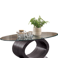 Tempered Glass Top Coffee Table with O Shape Wooden Shape Base, Gray - BM207919