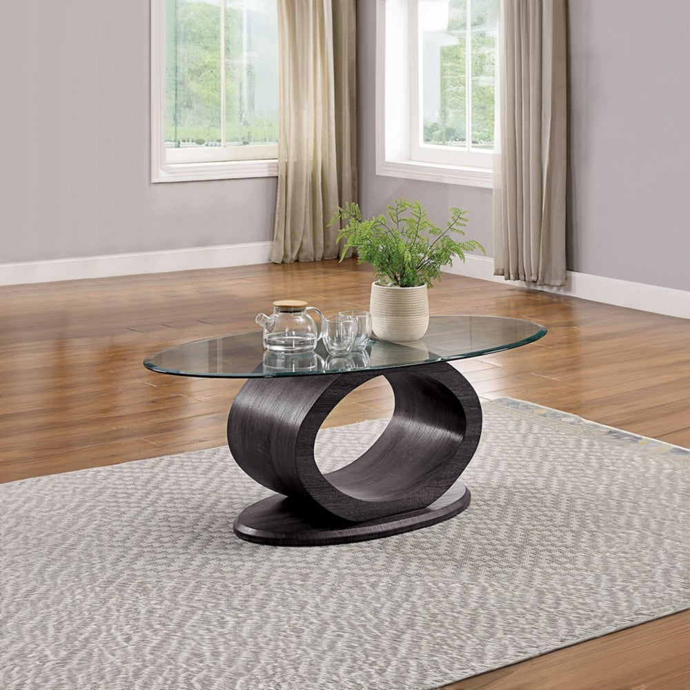 Tempered Glass Top Coffee Table with O Shape Wooden Shape Base, Gray - BM207919