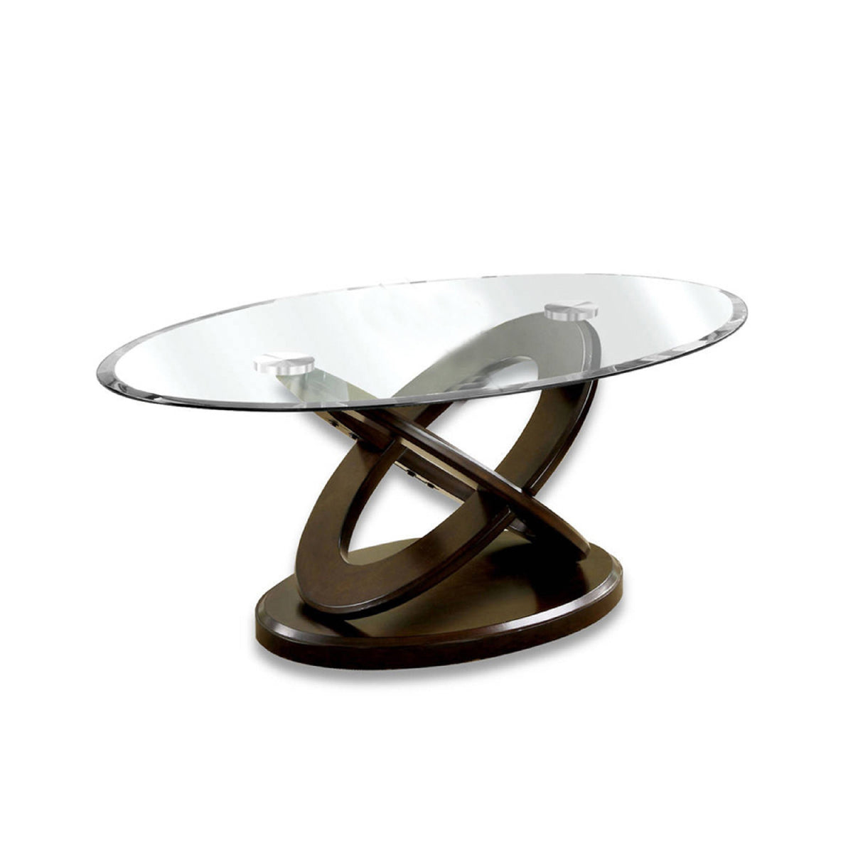 Oval Glass Top Coffee Table with Cross Oval Base, Brown and Clear-BM207923