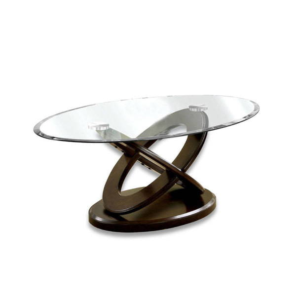 Oval Glass Top Coffee Table with Cross Oval Base, Brown and Clear-BM207923