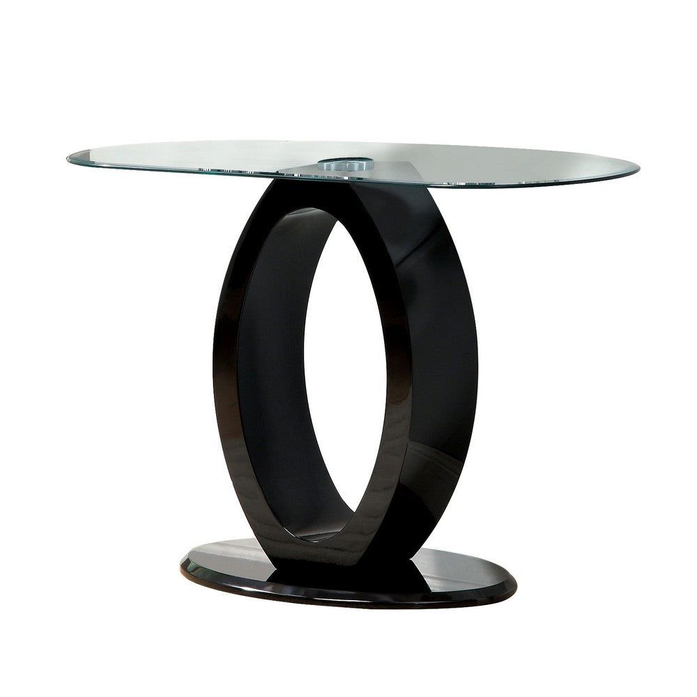 Contemporary Tempered Glass Top Sofa Table with O Shape Base, Black - BM207924