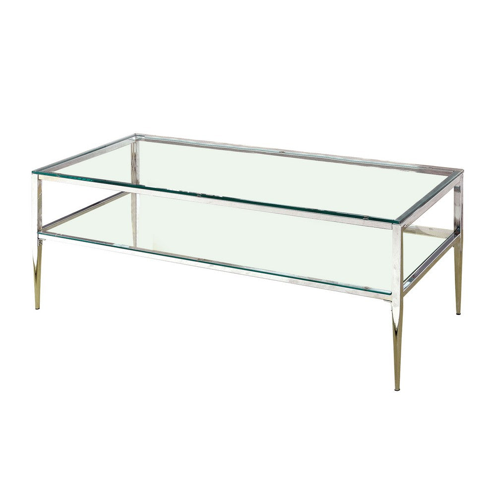 Coffee Table with Rectangular Glass Top and Tapered Legs, Silver and Clear - BM207950