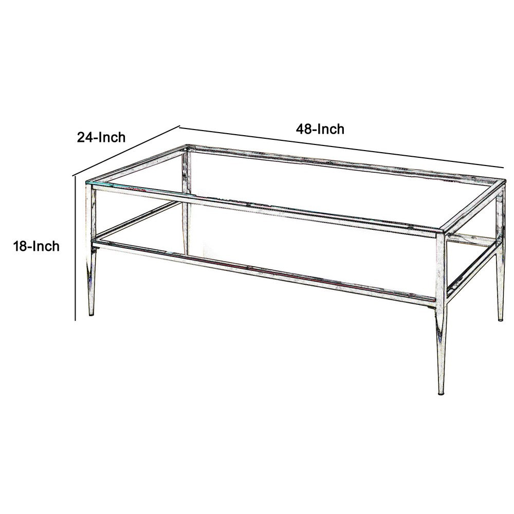 Coffee Table with Rectangular Glass Top and Tapered Legs, Silver and Clear - BM207950