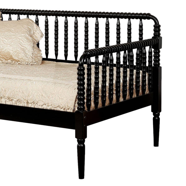 Wooden Twin Size Daybed with Spool Bed Frame and Railing Headboard, Black - BM207957