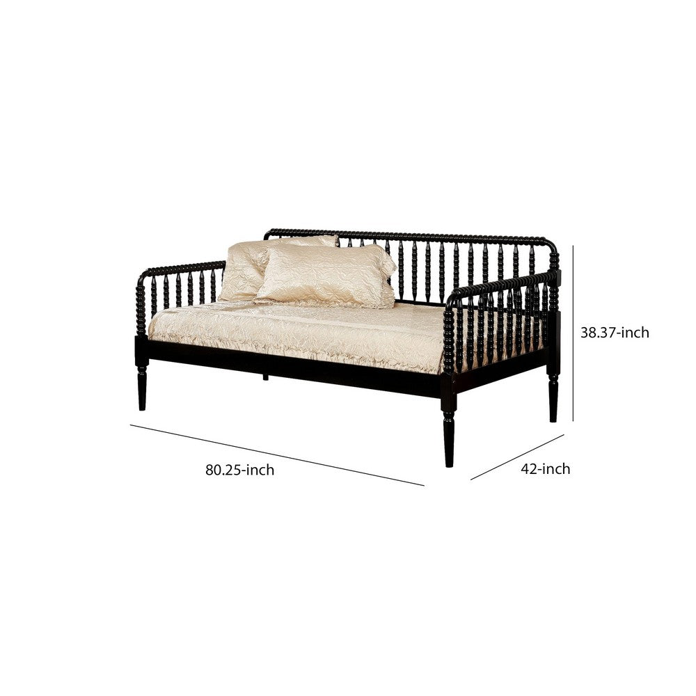 Wooden Twin Size Daybed with Spool Bed Frame and Railing Headboard, Black - BM207957