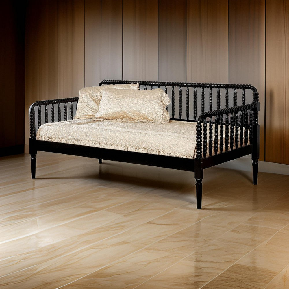 Wooden Twin Size Daybed with Spool Bed Frame and Railing Headboard, Black - BM207957