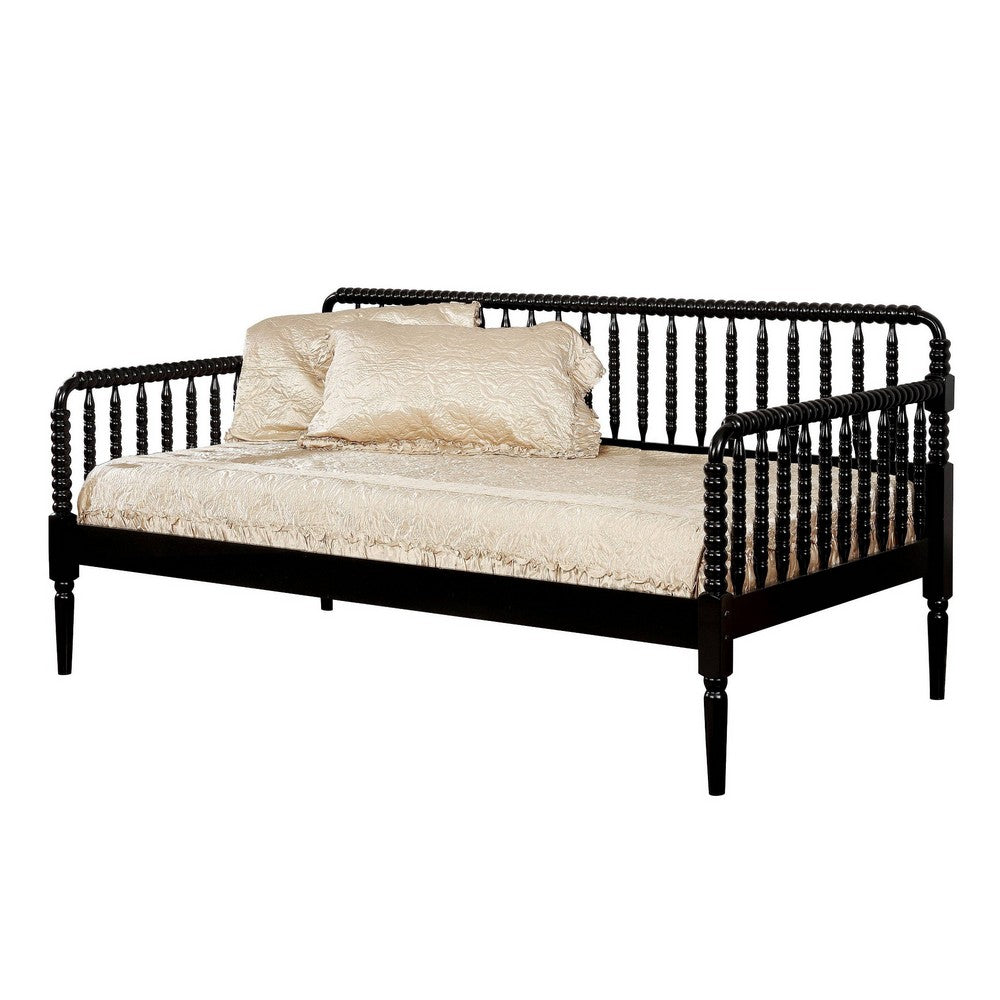 Wooden Twin Size Daybed with Spool Bed Frame and Railing Headboard, Black - BM207957