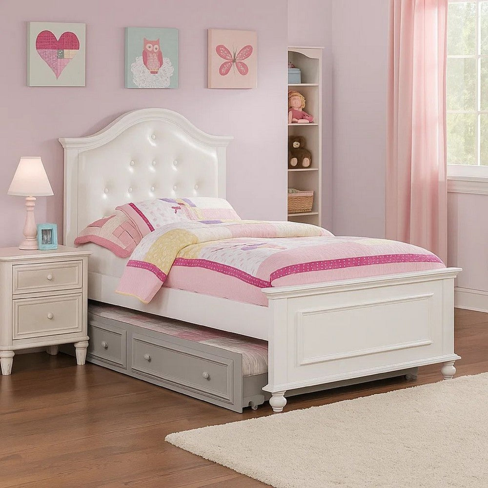 Wooden Twin Size Bed with Camelback Design Headboard and Turned Legs, White - BM207961