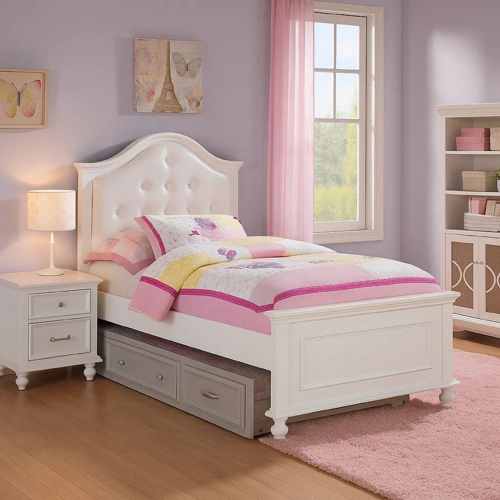 Wooden Twin Size Bed with Camelback Design Headboard and Turned Legs, White - BM207961