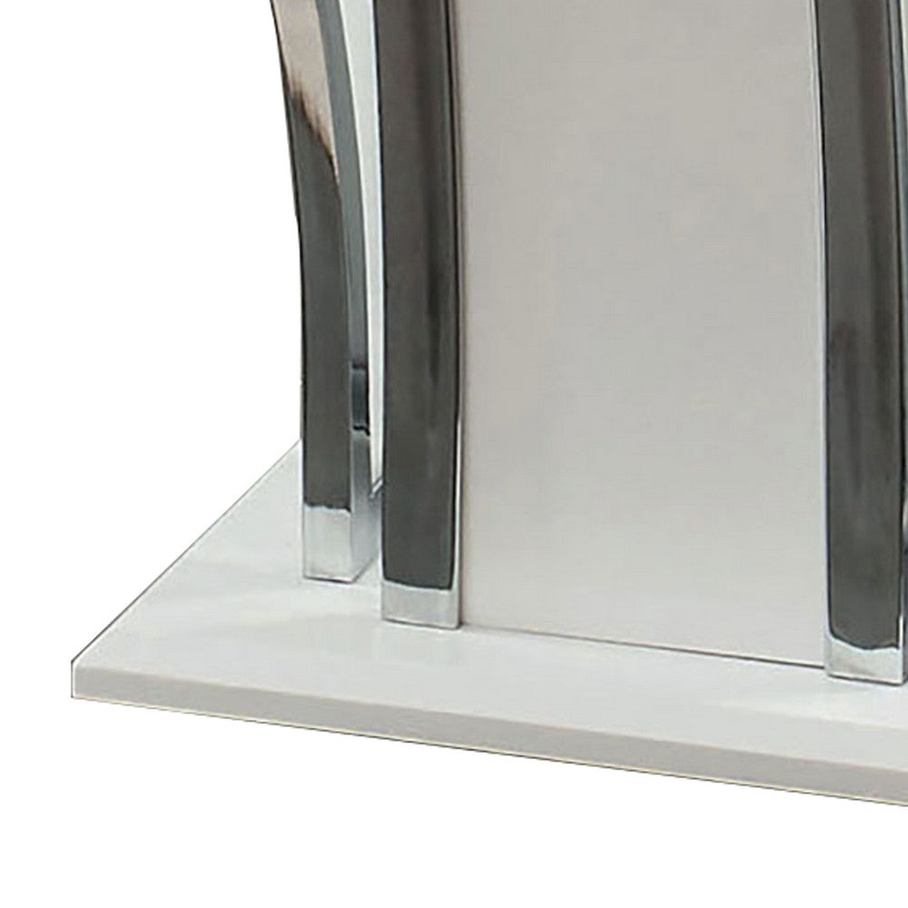 Chrome Trim Flared Base End Table with Glass Top, White and Silver - BM208002