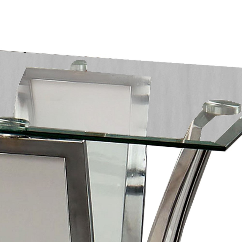 Chrome Trim Flared Base End Table with Glass Top, White and Silver - BM208002
