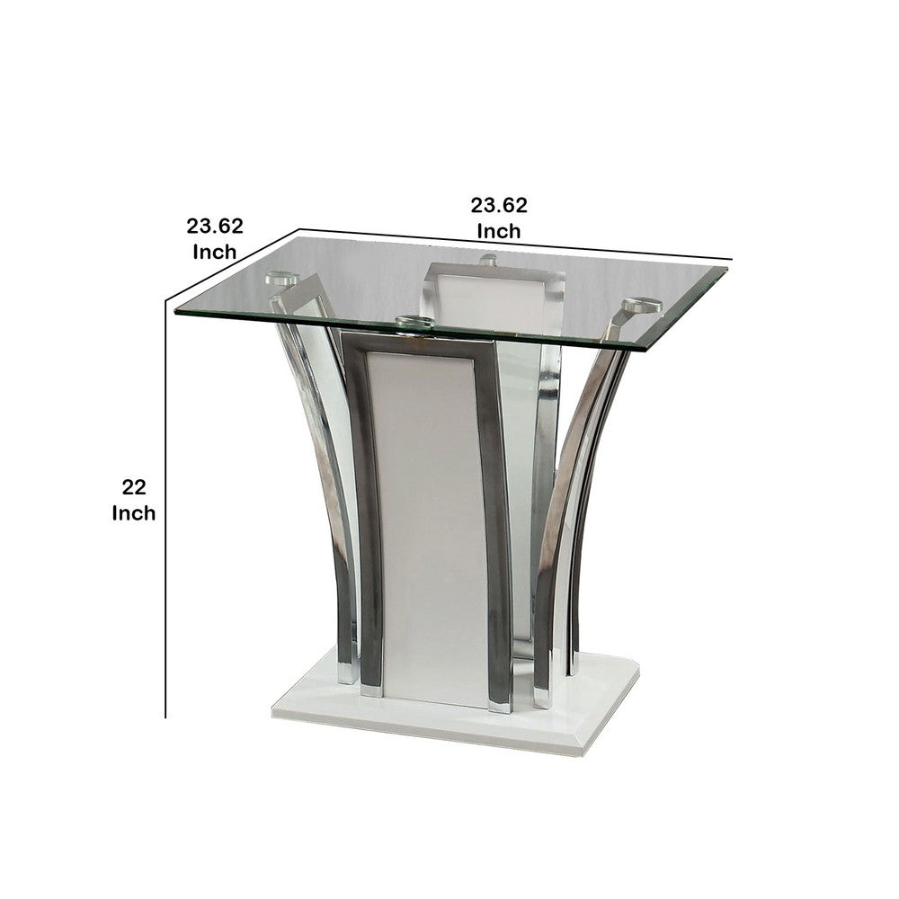 Chrome Trim Flared Base End Table with Glass Top, White and Silver - BM208002