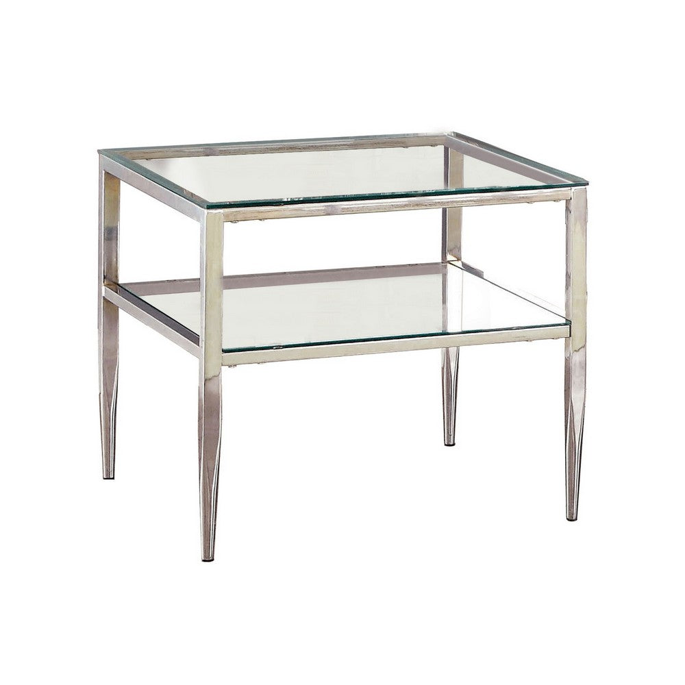 Metal Square End Table, Glass Top, Open Shelf, Chrome - BM208003