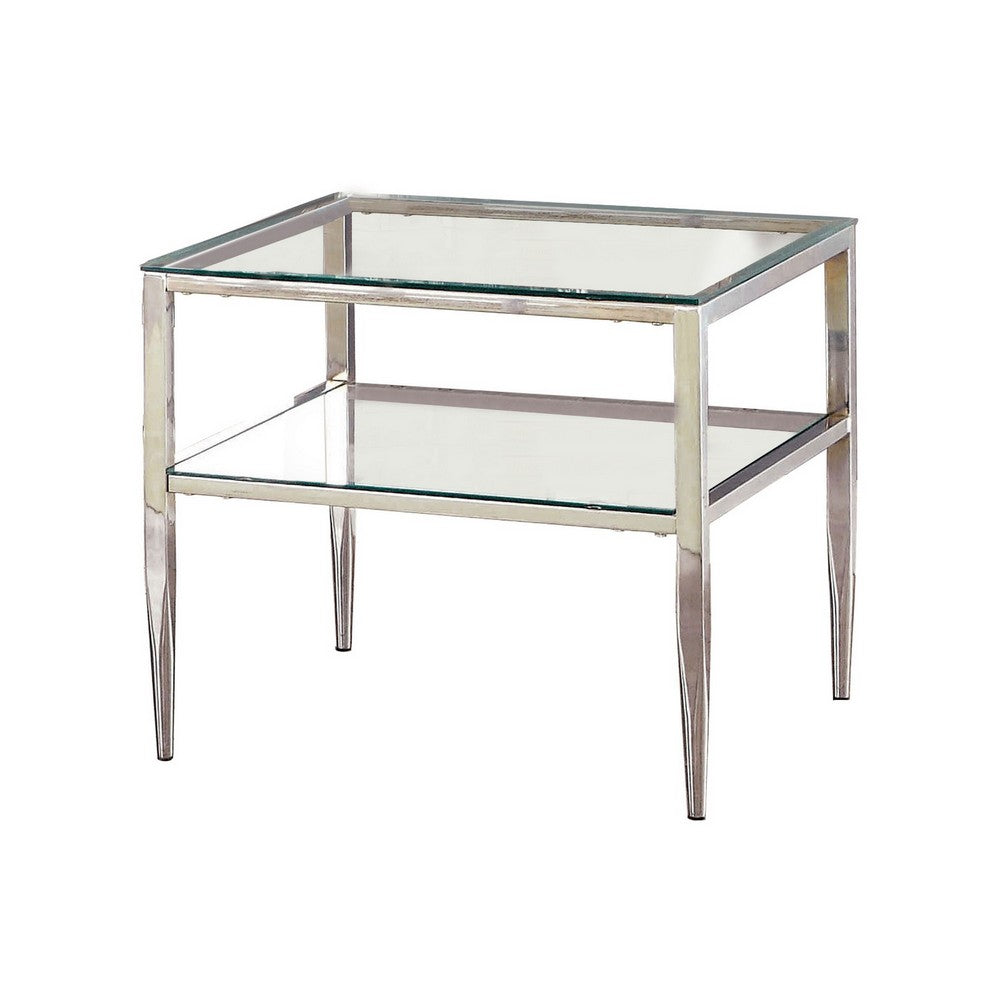 Metal Square End Table, Glass Top, Open Shelf, Chrome - BM208003