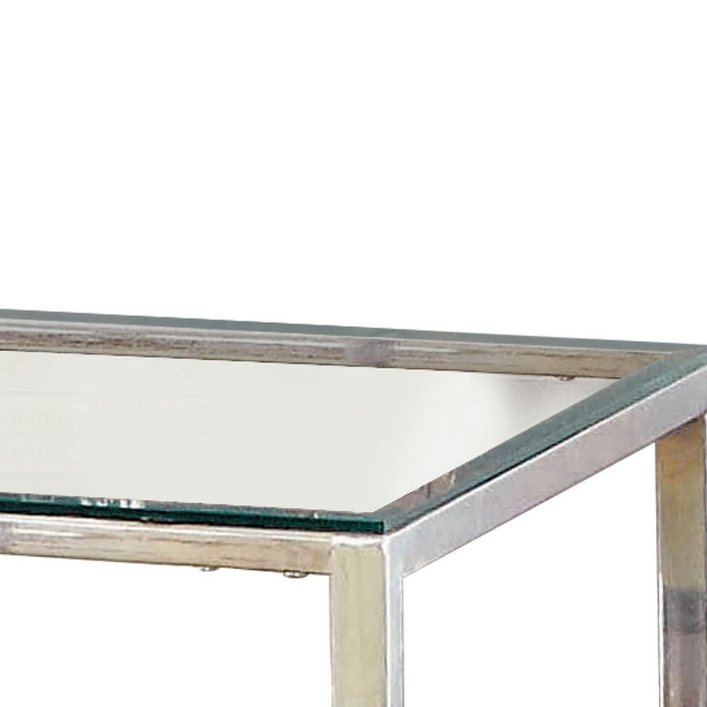 Metal Square End Table, Glass Top, Open Shelf, Chrome - BM208003