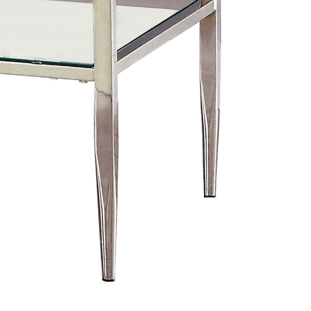 Metal Square End Table, Glass Top, Open Shelf, Chrome - BM208003