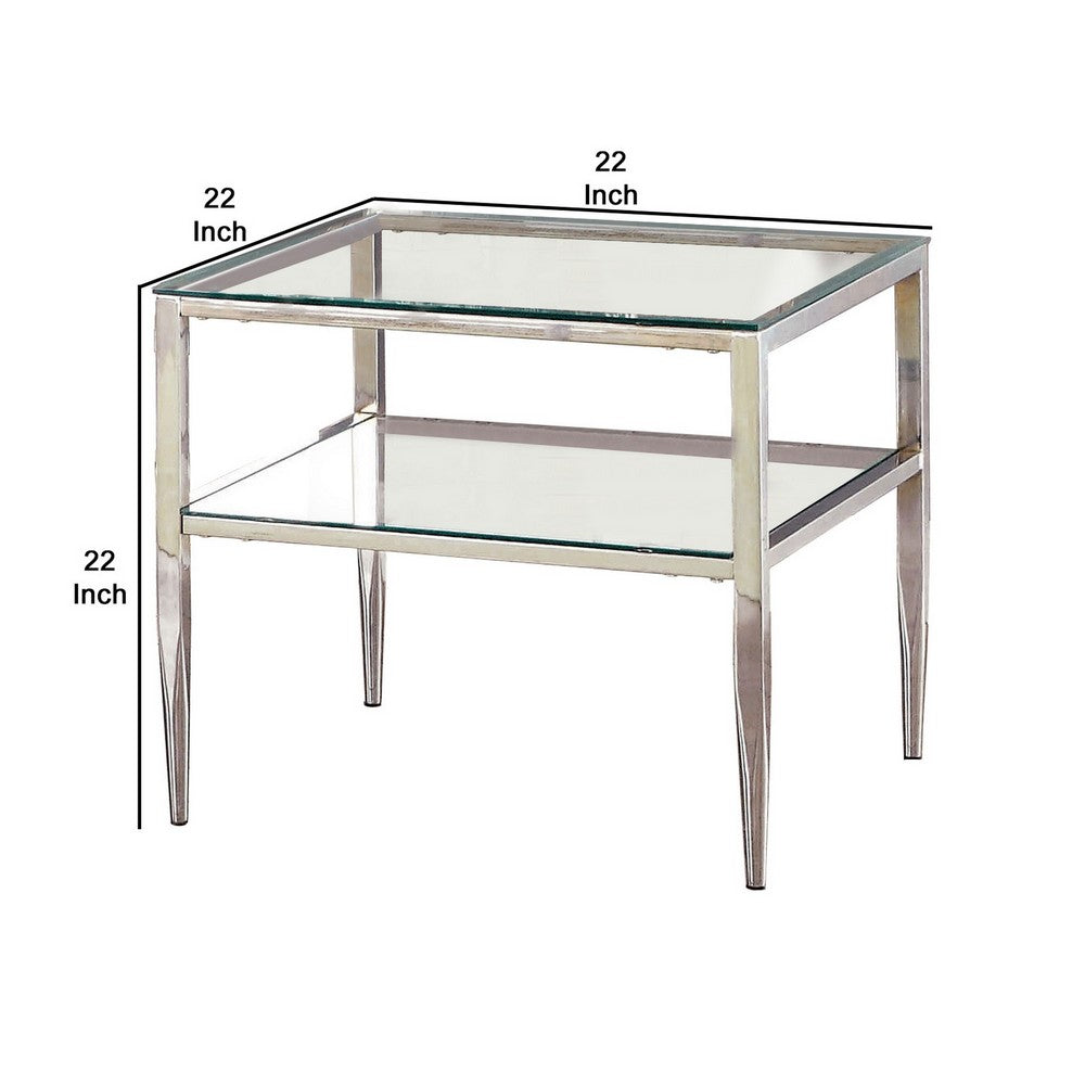 Metal Square End Table, Glass Top, Open Shelf, Chrome - BM208003