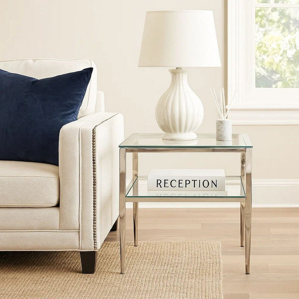 Metal Square End Table, Glass Top, Open Shelf, Chrome - BM208003