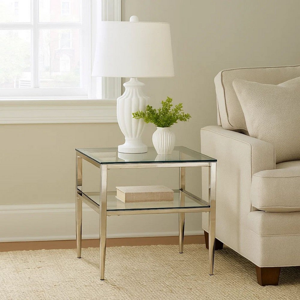 Metal Square End Table, Glass Top, Open Shelf, Chrome - BM208003