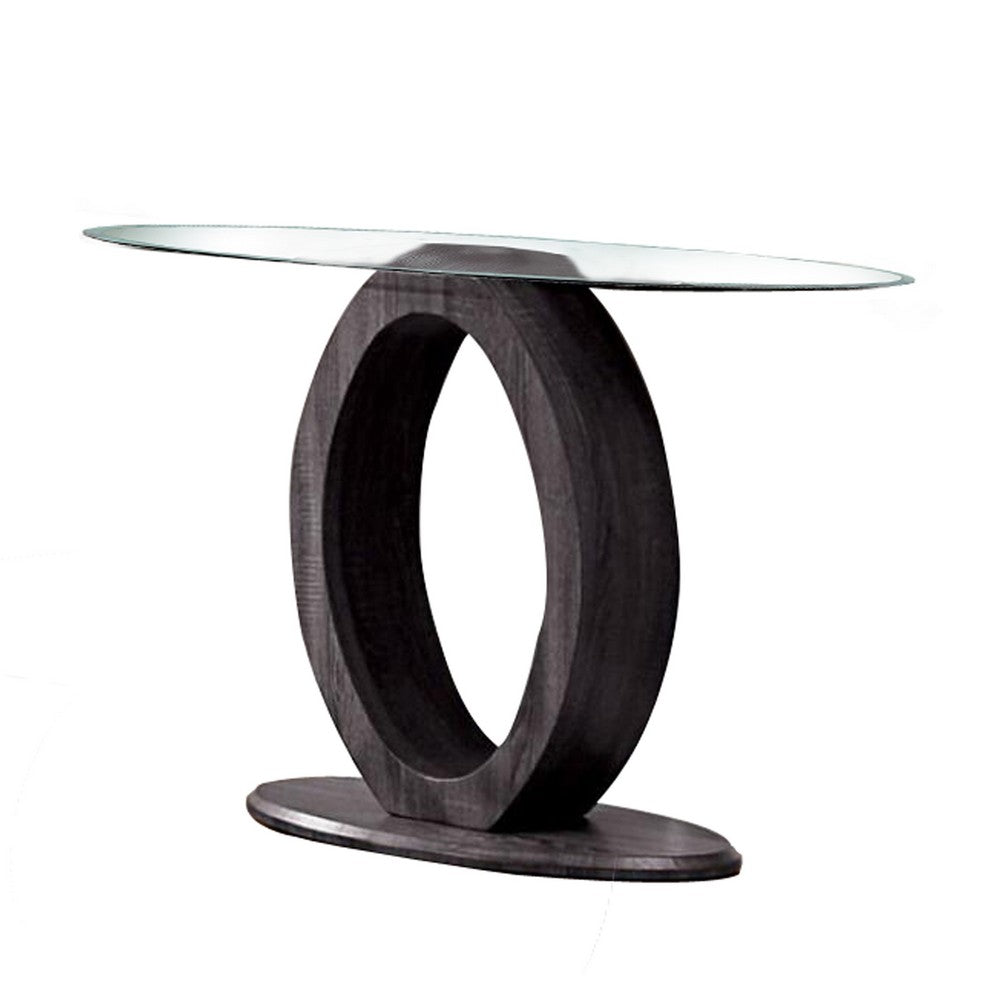 Tempered Glass Top Sofa Table with O Shape Wooden Shape Base, Gray - BM208006