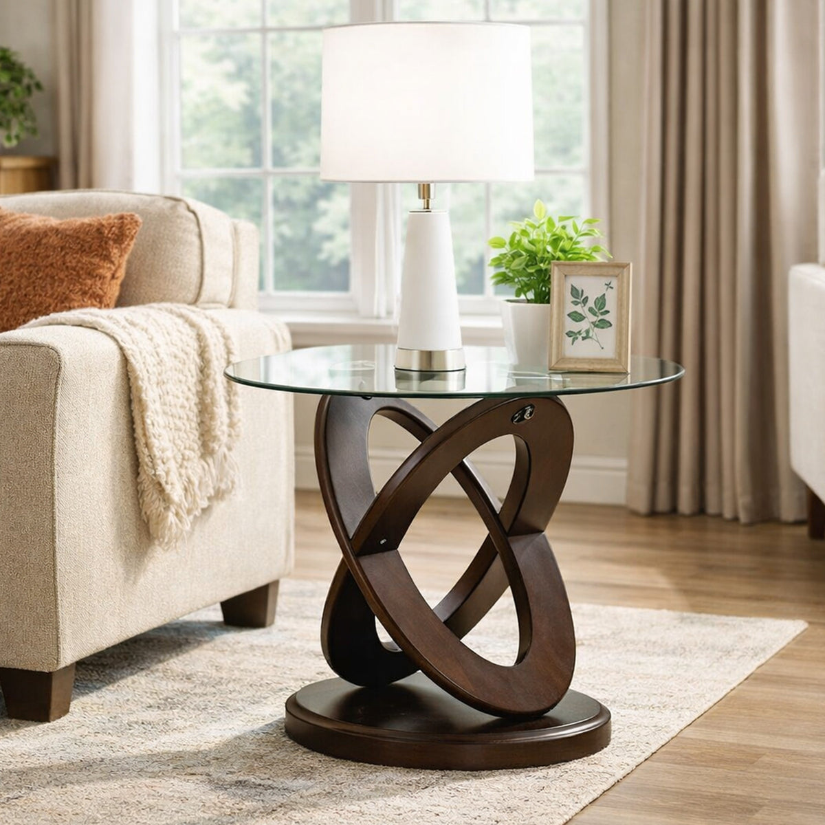 Cross Oval Base End Table with Round Glass Top, Brown and Clear-BM208008