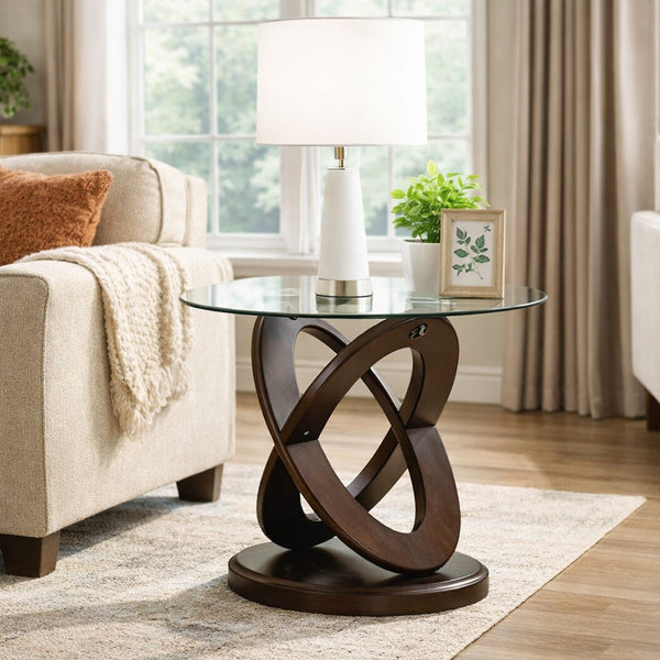Cross Oval Base End Table with Round Glass Top, Brown and Clear-BM208008