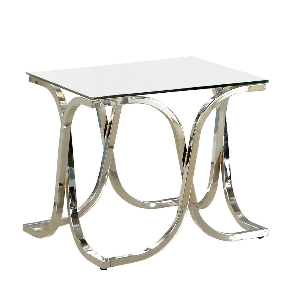Modern End Table with Glass Top and Curved Chrome Legs, Silver and Clear - BM208009