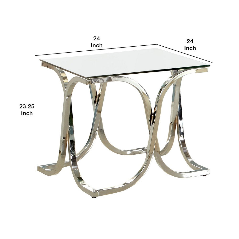Modern End Table with Glass Top and Curved Chrome Legs, Silver and Clear - BM208009