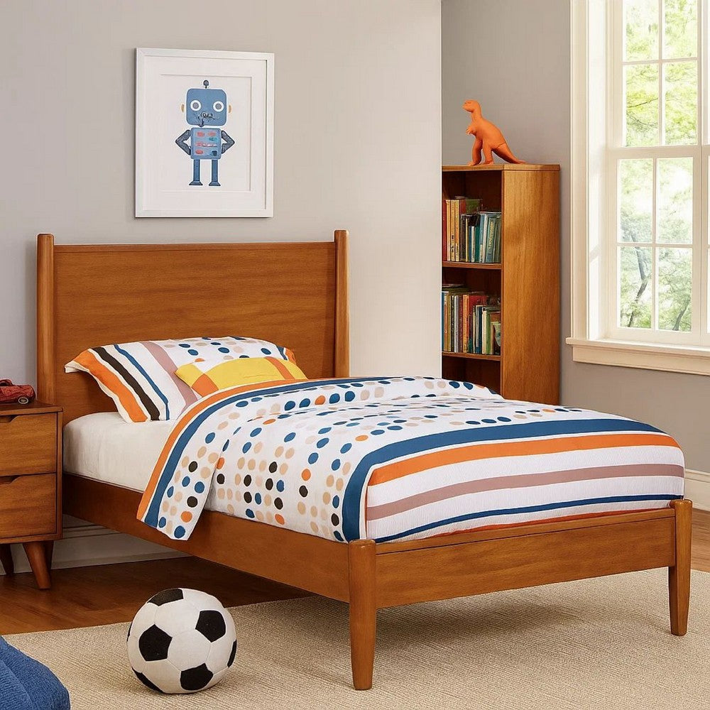 Wooden Transitional Twin Bed With Round Tapered Legs, Oak Brown - BM208019