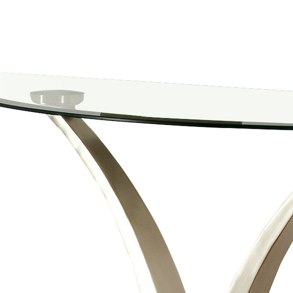 Sofa Table with Curved V Base and Semi Circular Glass Top, Silver - BM208030