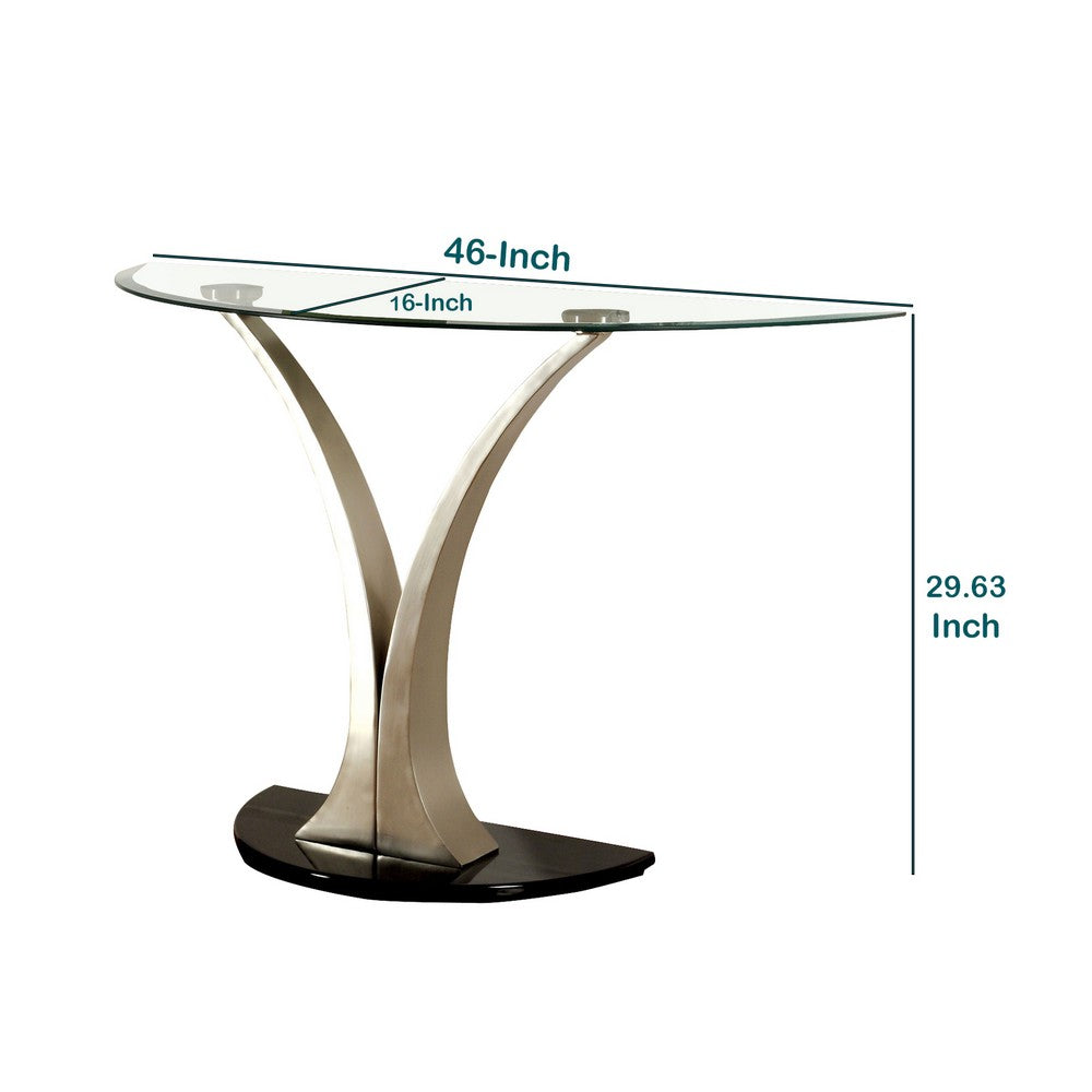 Sofa Table with Curved V Base and Semi Circular Glass Top, Silver - BM208030