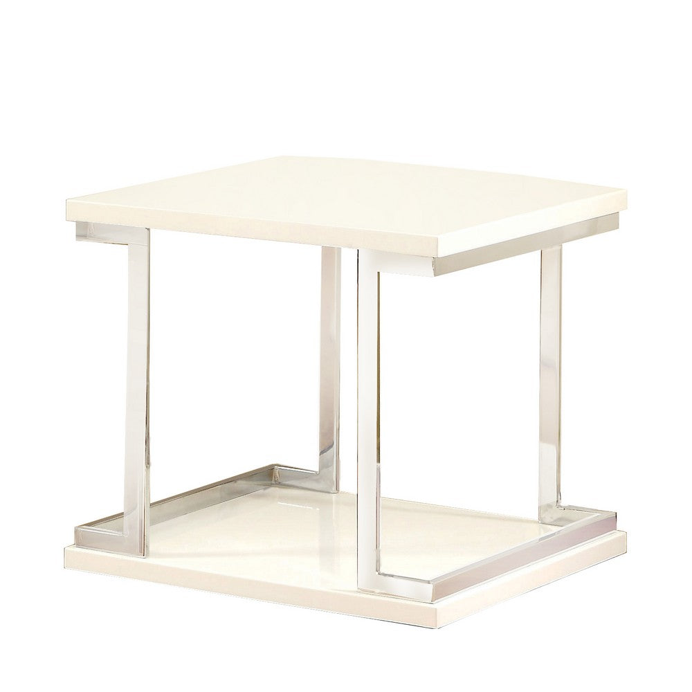 Contemporary End Table with C Shaped Metal Frame, Silver and White - BM208032