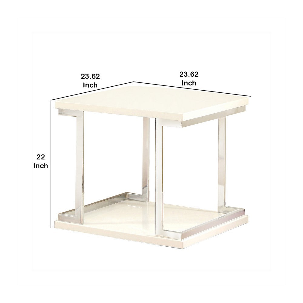 Contemporary End Table with C Shaped Metal Frame, Silver and White - BM208032